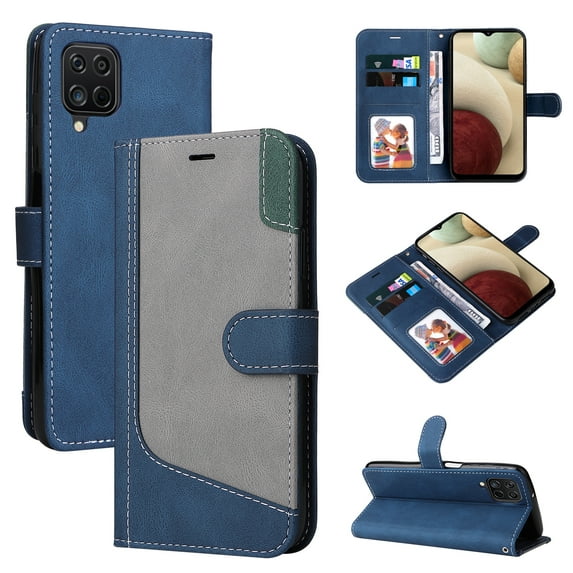 Wallet Case for Samsung Galaxy A12 5G, Buisiness Luxury PU Leather Credit Card Slots Holder Kickstand Magnetic Clasp Phone Cover with Soft Silicone Inner Shockproof Drop Resistant Case,Blue