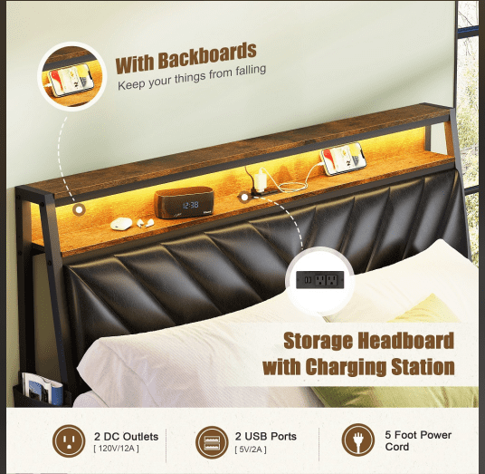 YDSM Queen size Platform Bed Frame with 105-Degree Tilted Upholstered Headboard, Charging Station, LED Lights, Noiseless, Black and Brown