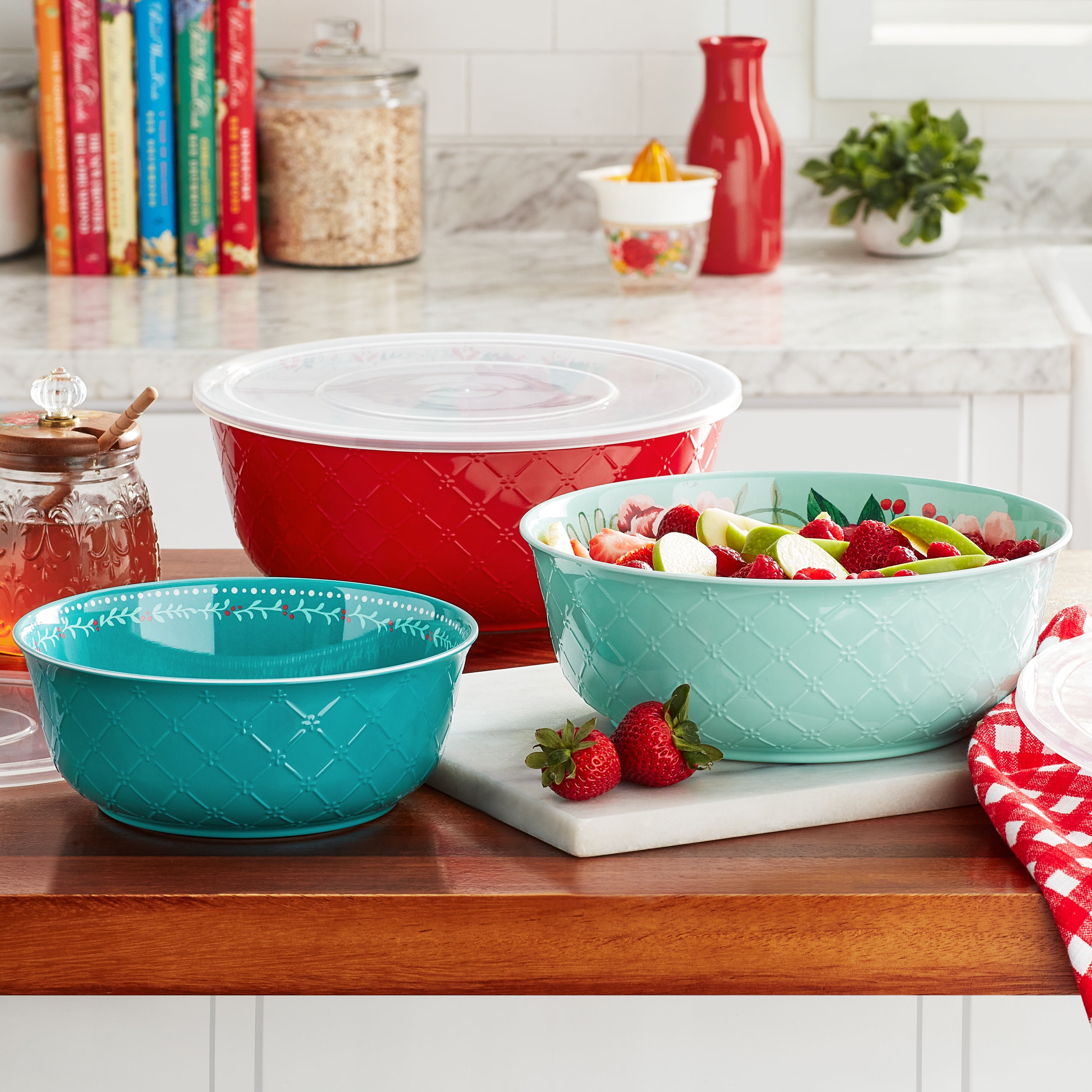 The Pioneer Woman Merry Meadow 6-Piece Embossed Melamine Serving Bowl Set with Lids