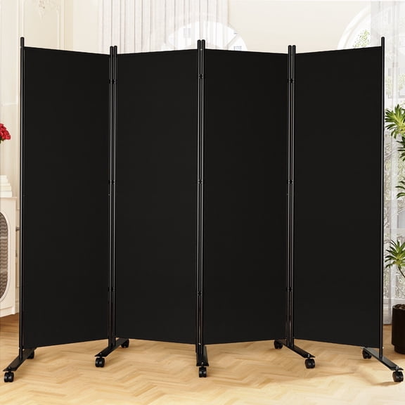 SUNALLY Rolling Room Dividers 6FT 4 Panel, Folding Privacy Screens with Lockable Wheels, 88" W Portable Wall Divider Room Separation for Porch Living Room Dorm Studio Office, Black