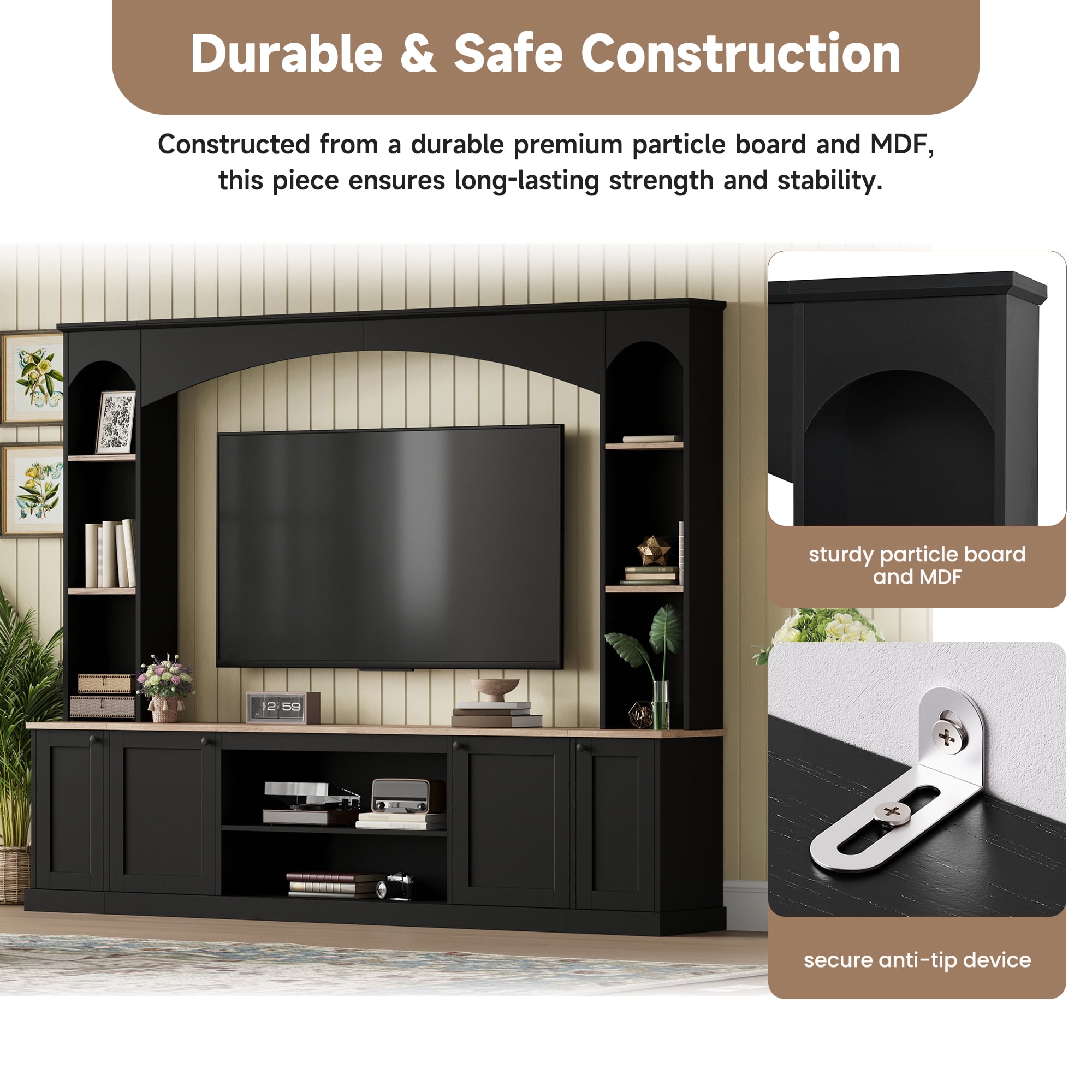 Luckynote Farmhouse TV Stand, Entertainment Center with Bookshelf, Arched Design Wood Grain for 70" TVs, 91 Inch Media Console with Adjustable Shelves, Black