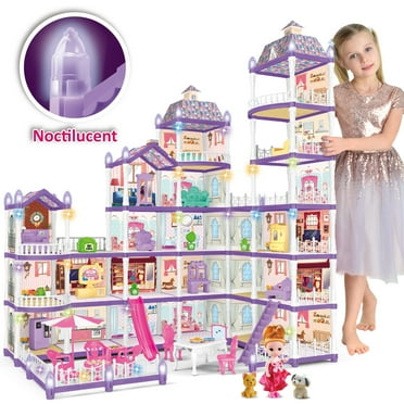 Huge Wave 35 inch 493PCS DollHouse Set Girl Toys, with Colorful Lights, 25 Rooms Princess Doll House Furniture and Accessories, Christmas Gift for Girls Ages 3-8