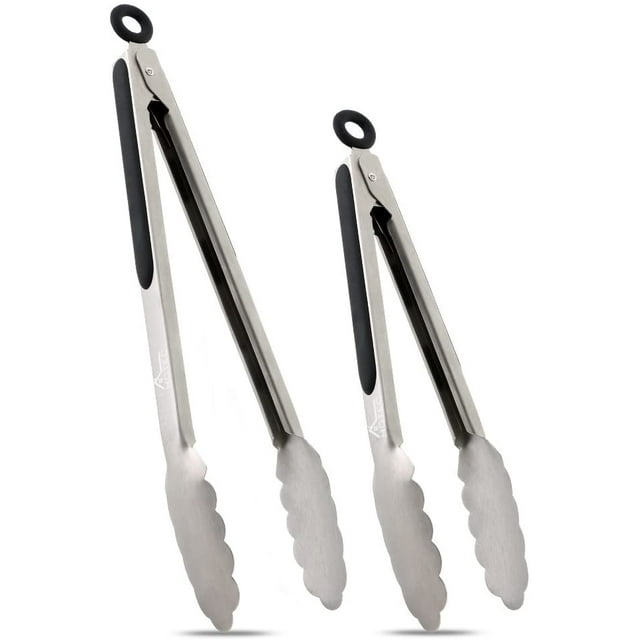 Juego de pinzas de cocina de acero inoxidable de 2 - 9" y 12", pinzas de metal con bloqueo para alimentos, agarre antideslizante (negro) BANYUO Electrónica