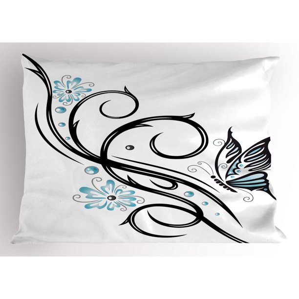 Tattoo Pillow Sham Leaf like Design with Blue Flowers and a Flying