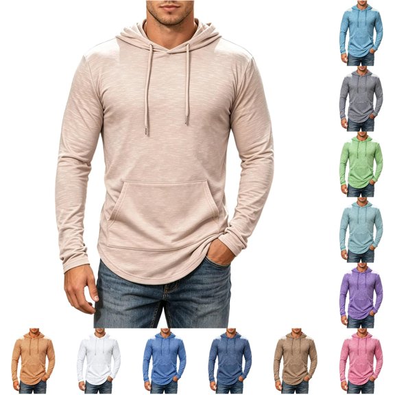 CONZONE Hoodies For Men Long Sleeve Drawstring Hooded Sweatshirts For Men Solid Color Cozy Fall Winter Pullover Mens Hoodies With Pocket