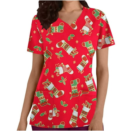 

CYMMPU V-Neck Working Uniform for Women Short Sleeve Christmas Scrub_Tops Cute Reindeers and Plaid Trees Printing Blouse with 2 Pockets Red M