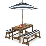 Kids Picnic Table, Outdoor Wooden Table & Bench Set w/Removable Cushions and Umbrella, Stripe Fabric, Children Backyard Furniture for Patio Garden, Gift for Toddler Boys Girls Age 3+(Blue)
