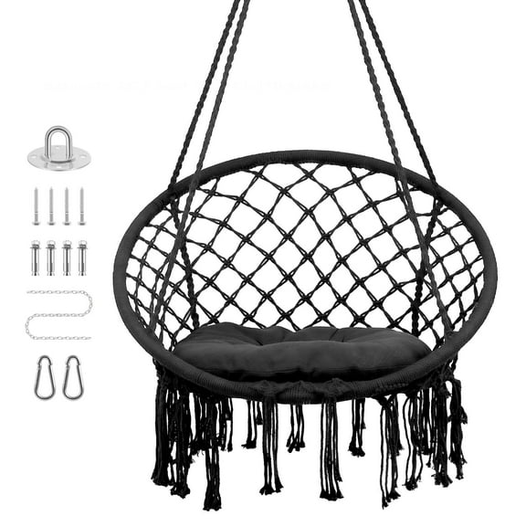 Hanging Chair,Handwoven Cotton Rope Hammock Cradle Chair with Soft Cushion and Mounting Hardware,330 Pounds Capacity Swing Chair for Bedroom,Living Room,Yard,Garden, Balcony,Indoor/Outdoor,Black