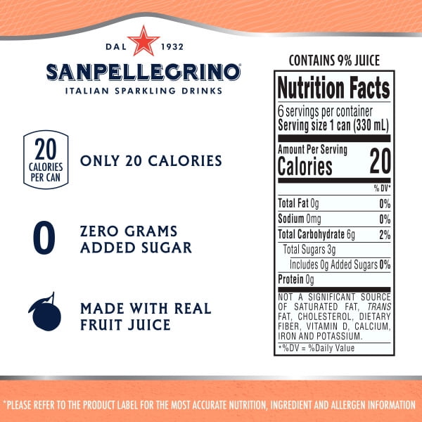 SanPellegrino Soda Italiana Peach and Celmintine, Low Calorie Zero Added Sugar, 6 Pack Cans