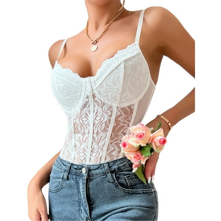 Women Lace Bustier Cami Bodysuit Sleeveless Mesh Corset Romper V Neck Slimming Sheer Cami Tee Tops Trendy Going Out Shapewear with Snap Crotch Nightclub Rave Party Tops