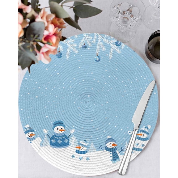 15 Inch Round Placemats Set of 4, Light Blue Snowman Christmas Non Slip Heat Insulation PP Table Mats, Winter Snowflake Pine Xmas Tree Washable Place Mats for Kitchen Dining Party Table Decor