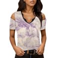 thumbnail image 1 of Gibobby Playera Corte clásico para MujerDamas Verano Casual Estampado misterioso Cuello en V Encaje Sin tirantes Mangas(Morado,CH), 1 of 5