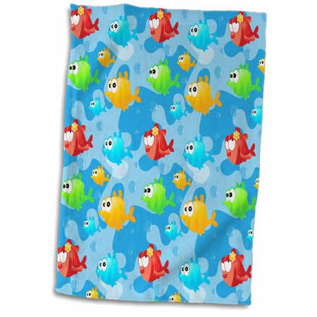 3dRose Red, Blue, and Gold Cute Fish Pattern - Towel, 15 by 22-inch