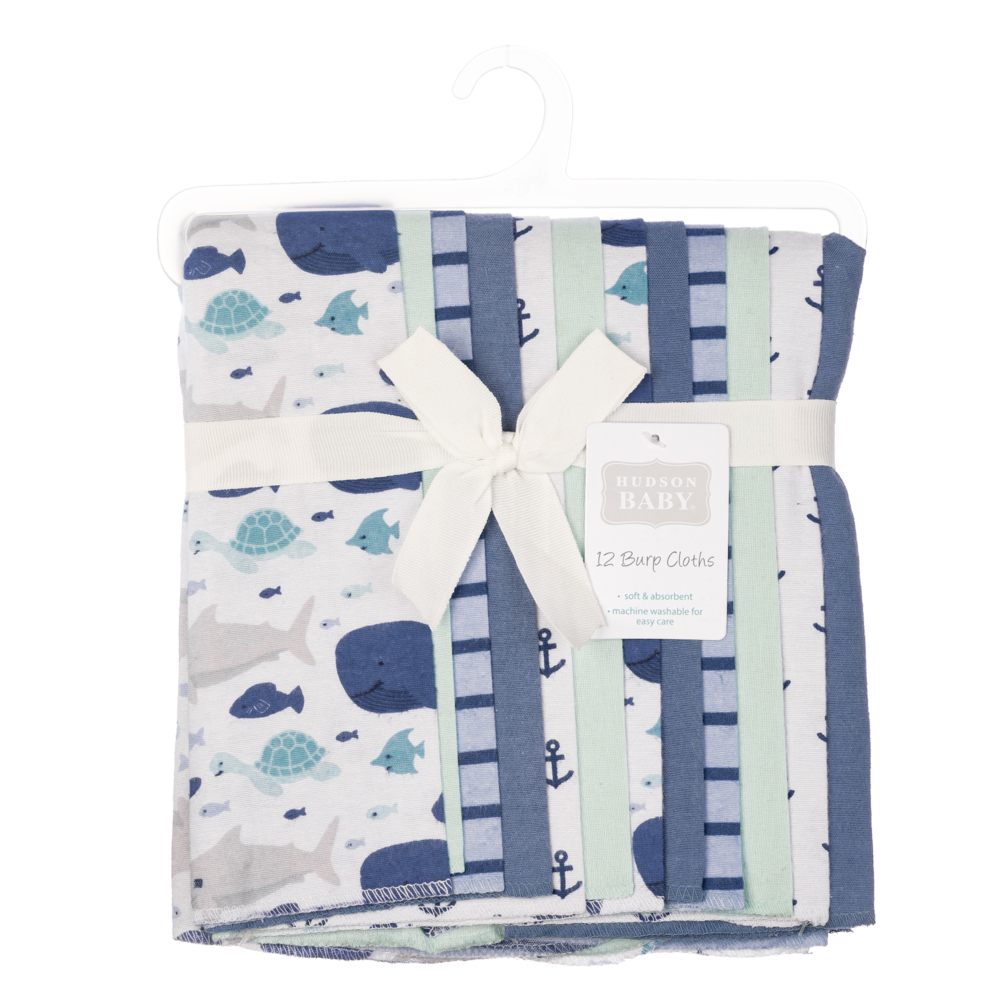 Hudson Baby Unisex Baby Cotton Poly Flannel Burp Cloths Bundle, Sea Friends 12-Pack, One Size