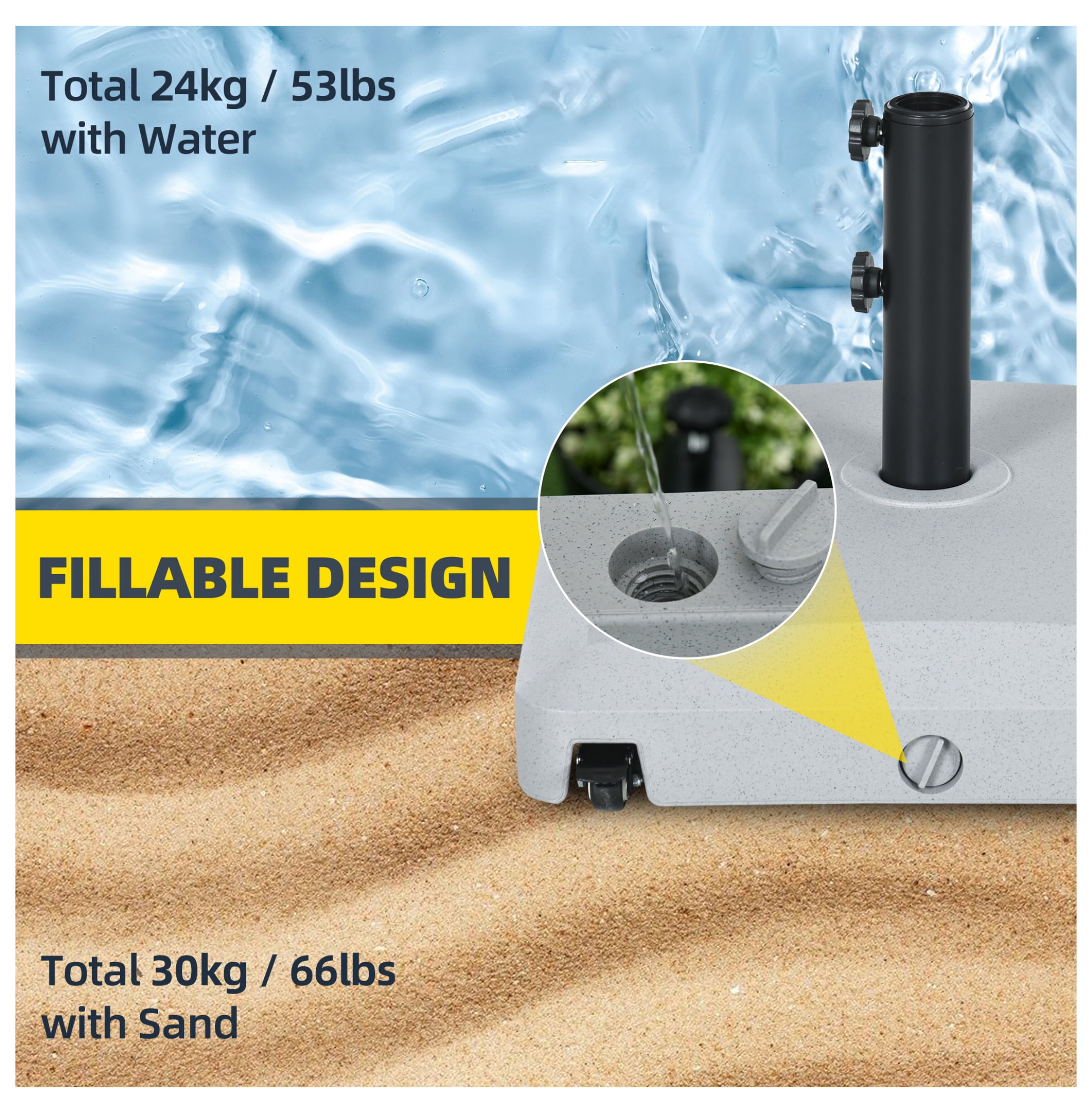 Patio Umbrella Base with Wheels, 53lbs Water or 66lbs Sand Filled, Heavy Duty Outdoor Umbrella Stand Holder, Gray