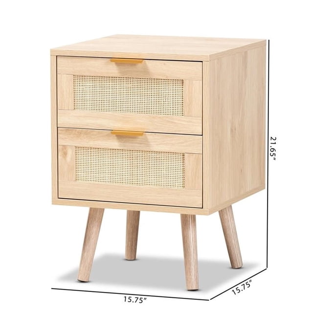 Baxton Studio Table d'Appoint à 2 Tiroirs en Bois Brun Chêne Clair Baird et Rotin