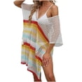 thumbnail image 1 of Besolor Robe de Plage pour Femmes, Crochet, Rayures Multicolores, Col en V, Tricot Ajouré, 1 of 5