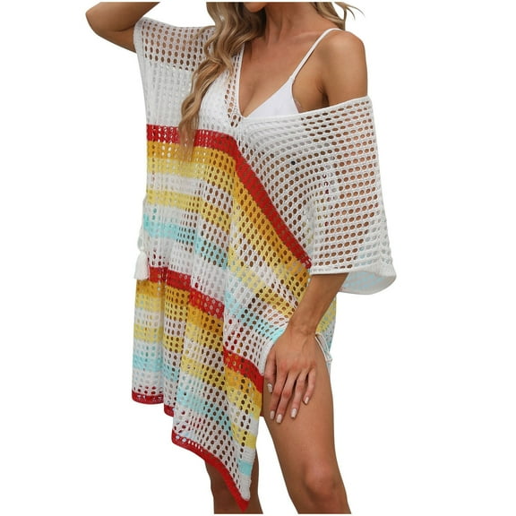 gakvbuo Swimsuit Cover Up For Women Sexy Crew Neck Side Slit Crochet Tops Bathing Suit Cover Up Knitted Coverup Dresses Beach Outfits