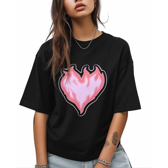 T Shirts for Women Short Sleeve Cotton Crewneck T-Shirt, Light Pink Love Heart Flame Tee Tops Casual Basic T-Shirts, XS-5XL Black XS