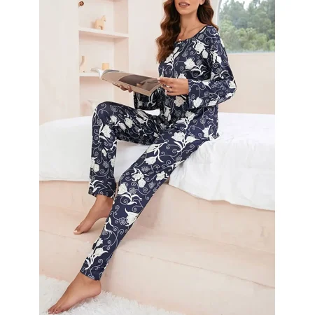 

Elegant White Rose Print Pajamas Sets Long Sleeve Blouse Top & Elastic Waistband Pajama Pants Women‘s Loungewear & Sleepwear