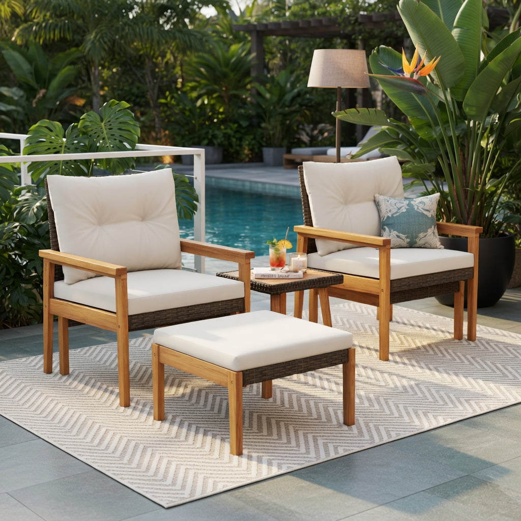 Hommoo 5-Piece PE Rattan Outdoor Furniture Set with Square Coffee Table & Matching Ottomans, Acacia Wood Frame, Weather-Resistant Wicker Patio Set for Backyard, Poolside & Porch, White