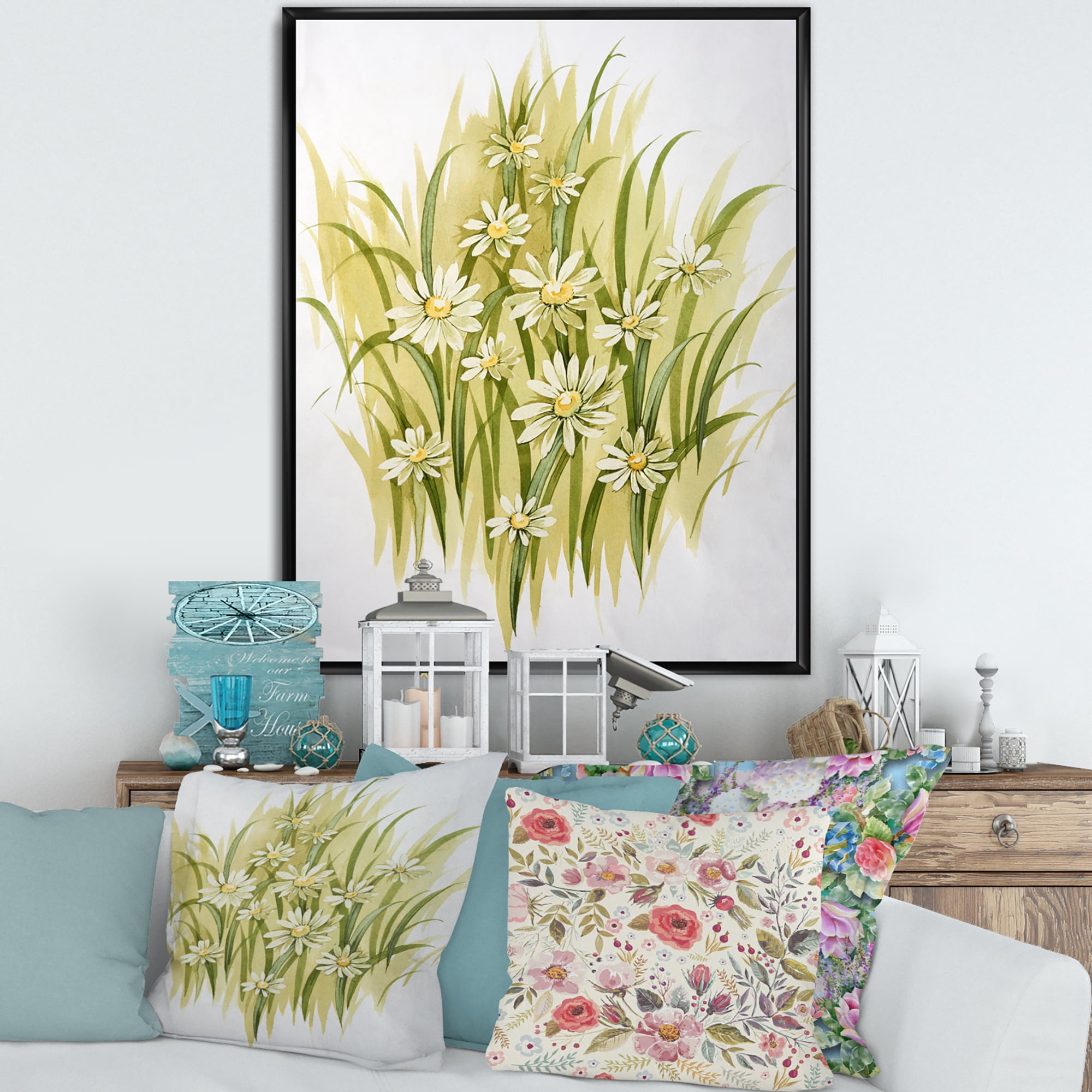 Designart 'Abstract White Meadow Flowers' Traditional Framed Canvas Wall Art Print
