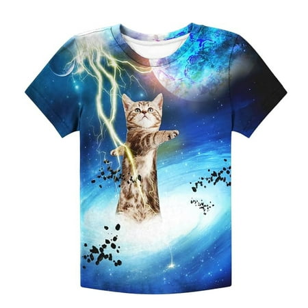 WhouRiu Big Boy s T Shirt Fashion 3D Cat Print Short Sleeve T Shirt Children Cozy Soft Casual Tshirt Blue Sized 8-9