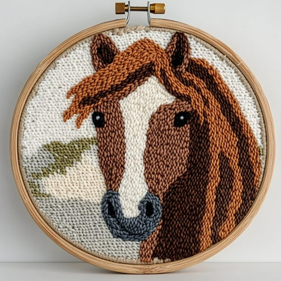 Punch Needle kits A Brown Horse Easy for Beginners DIY Punch Needle Yarn Starter Embroidery Set for Craft lovers with Printed Pattern and Hoop for Home Decor 20x20cm(1)
