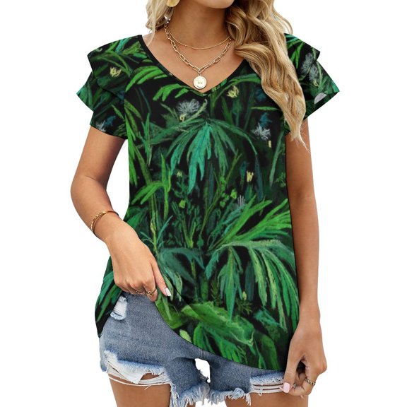 Green And Black Summer Greenery Colorful Floral Lotus Leaf Neck T-Shirt Long Sleeve T-Shirts For Women Spring And Autumn