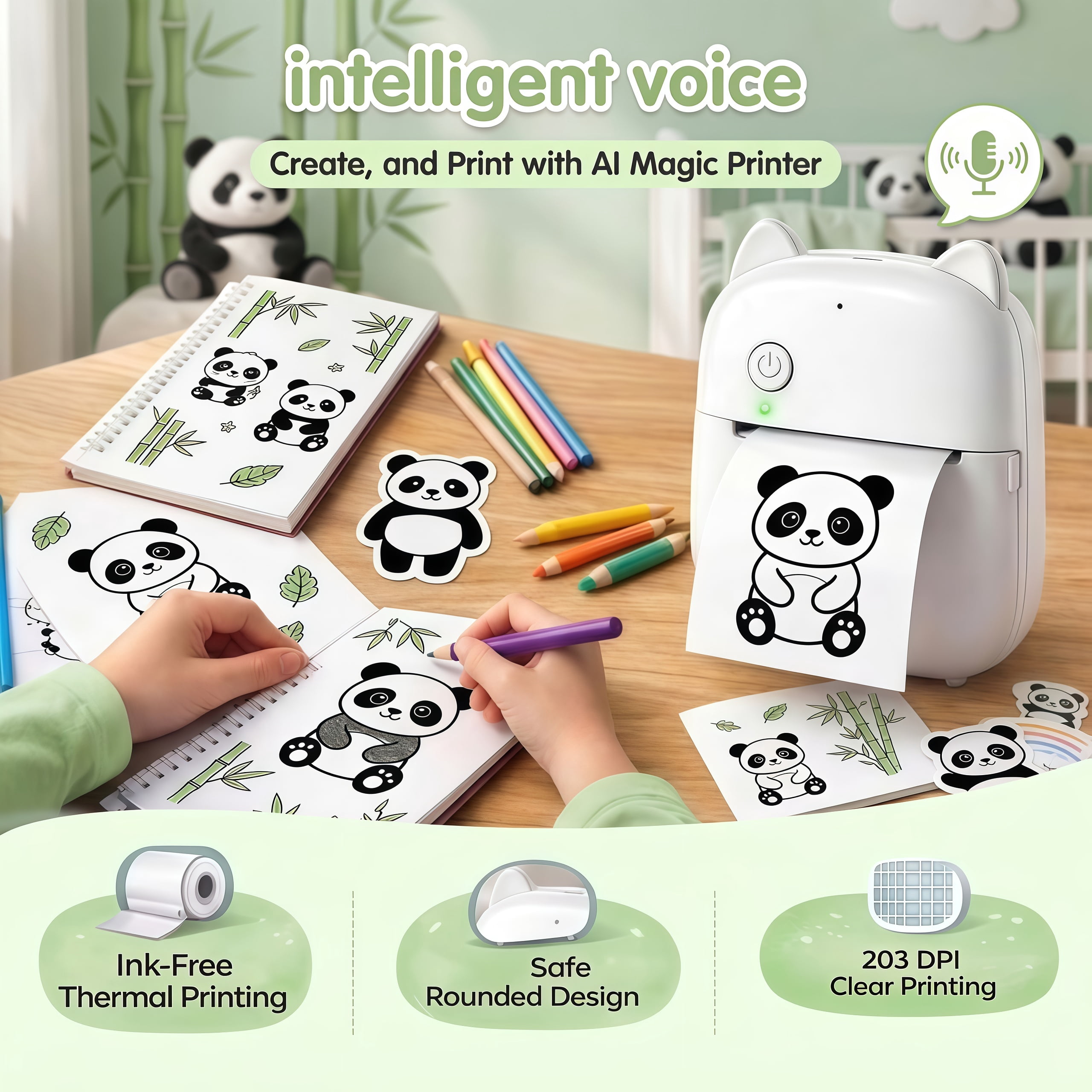 AI Voice-to-Image Printer, Portable Inkless Thermal Printer with AI Image Generation & Voice Q&A,  For DIY, Family Creative Time, Stickers, Creative Gift - White
