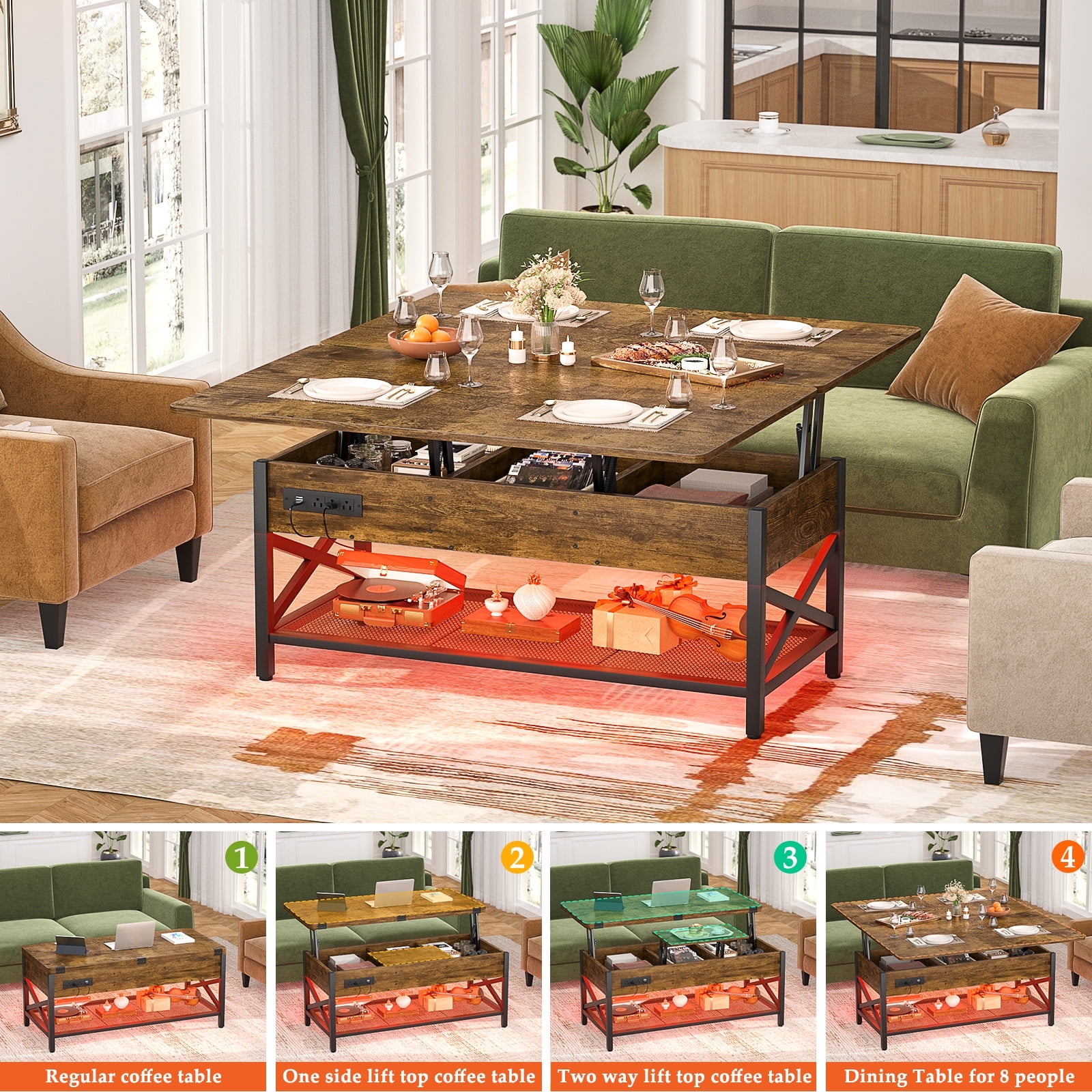 Homieasy Coffee Table Lift Top with LED Light and Power Outlet, Multi-Function Coffee Table Converts to Dining Table, Center Table with Shelves for Living Room Reception Home Office, Rustic Brown