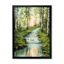 Designart 'River Through Green Birch Forest' Lake House Framed Art Print