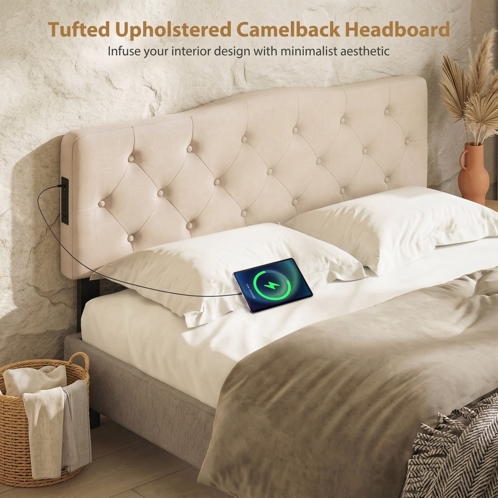 Furnibear Tufted Upholstered Headboard with Diamond Button Tufting and 2 AC Outlets and USB and Type-C Charging Ports for Full and Queen Beds, Beige