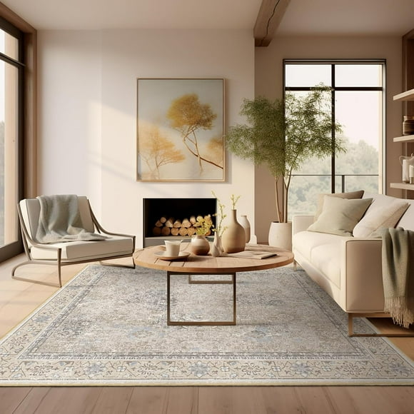 Area Vintage Boho Rugs for Living Room, Machine Washable Area Rugs with Non-Slip Backing, Indoor Rug Vintage Bohemian Area Rug Home Decor, Room Decor, 6 x 9 ft, Beige, 1 Pack