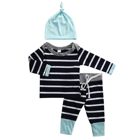 

3pcs Newborn Toddler Baby Boys Girls Clothing Set Striped Long Sleeve Tops Leggings Cap Hats Outfits Set