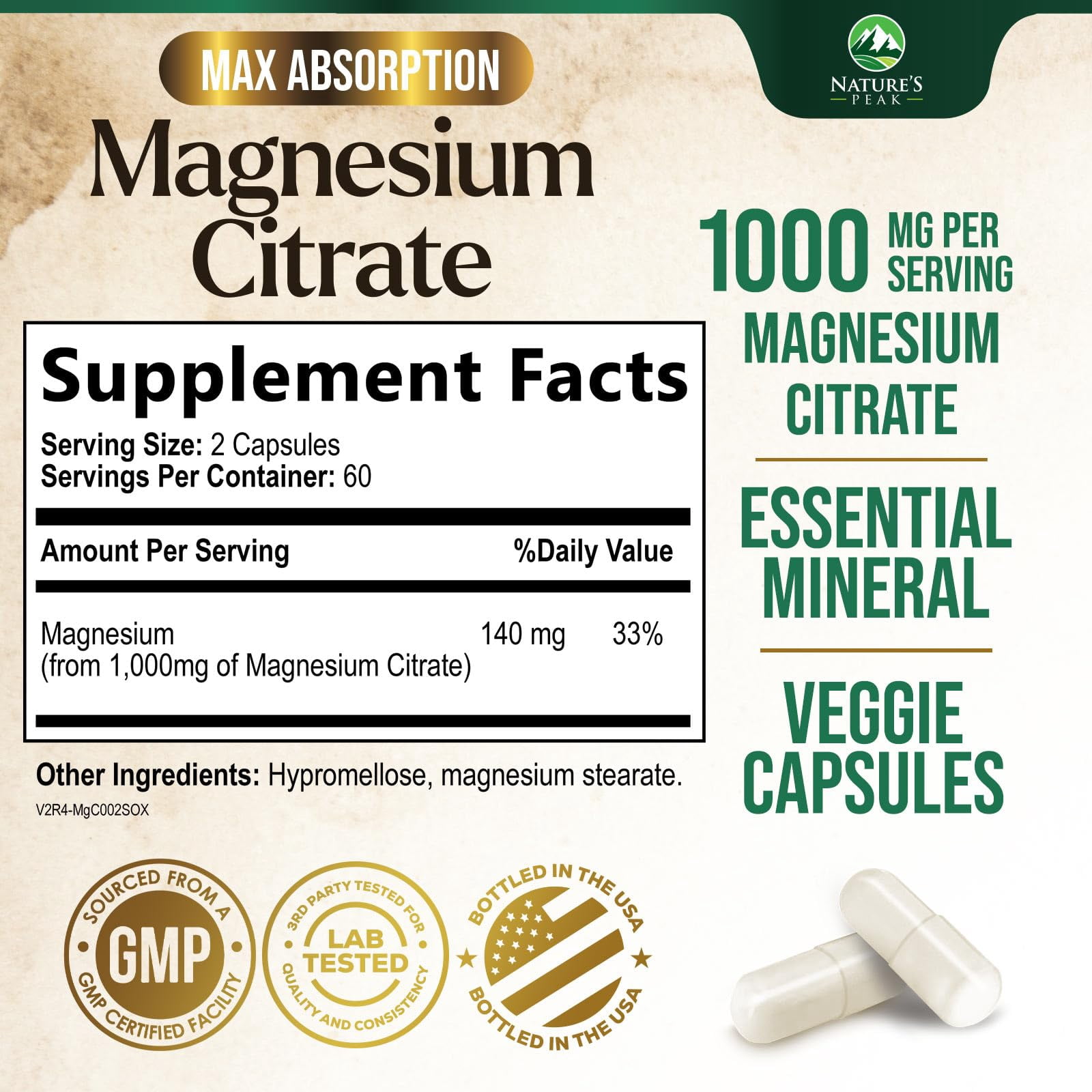 Magnesium Citrate Capsules - Max Absorption Magnesium Powder - Muscle, Bone, Nerve & Heart Health Support - Premium Formula is Powerful & Gentle for Women & Men - Bottled in USA - 120 Capsules