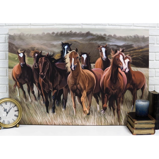 Rustique Western Chevaux en Course Troupeau Impression sur Toile Encadrée 31 Pouces X 21 Pouces Art Mural