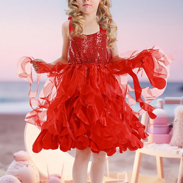 Odeerbi Niñas Verano Sparkly Lentejuelas Princesa Vestido Tul Tiered Vestido Fiesta Satén Halter Vestido Vestido Sin Mangas