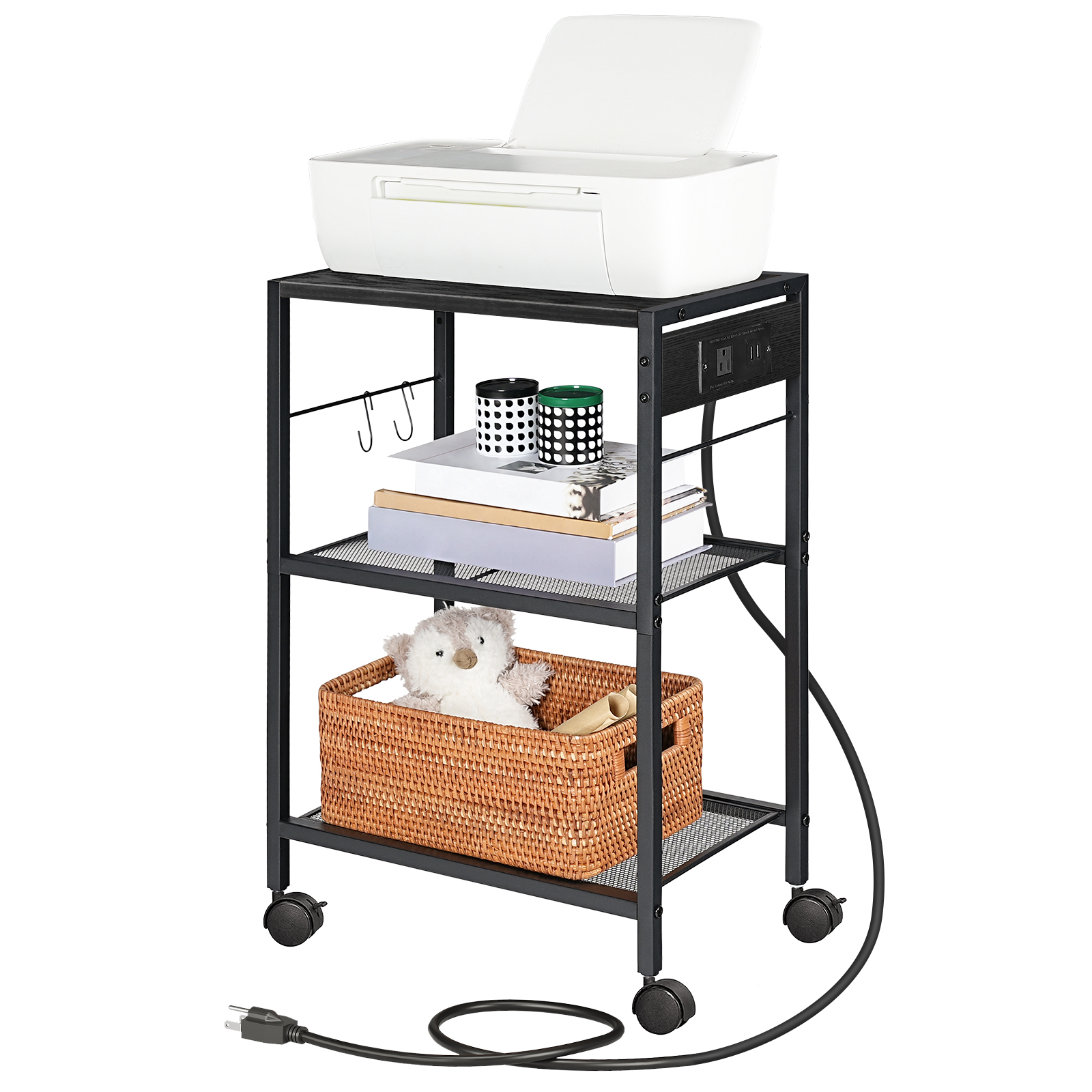 HOOBRO Industrial Printer Stand , 3-Tier Mobile with Power Outlets and USB Ports, Black BB22UPS01