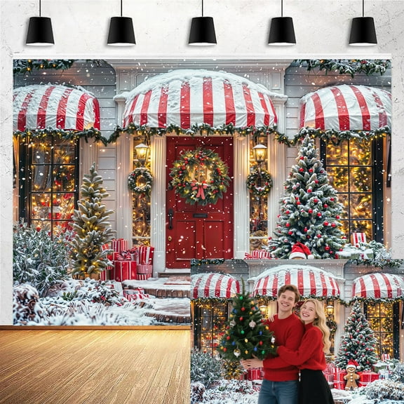 10X8FT Christmas Shop Backdrop, Winter House Window Door Xmas Tree Snow Photography Background, Garland Wreath New Year Eve Family Holiday Party Decorations Banner Photo Booth Props