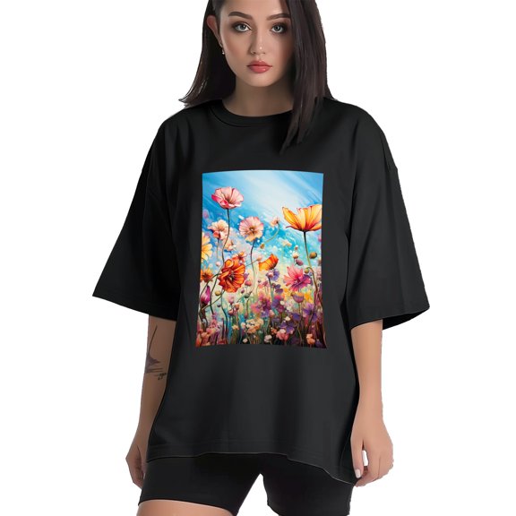 Plus Size Shirt for Women Black Tops for Women Short Sleeves Shirt for Women Colorful Flowers T Shirt Crewneck Shirt for Women XS