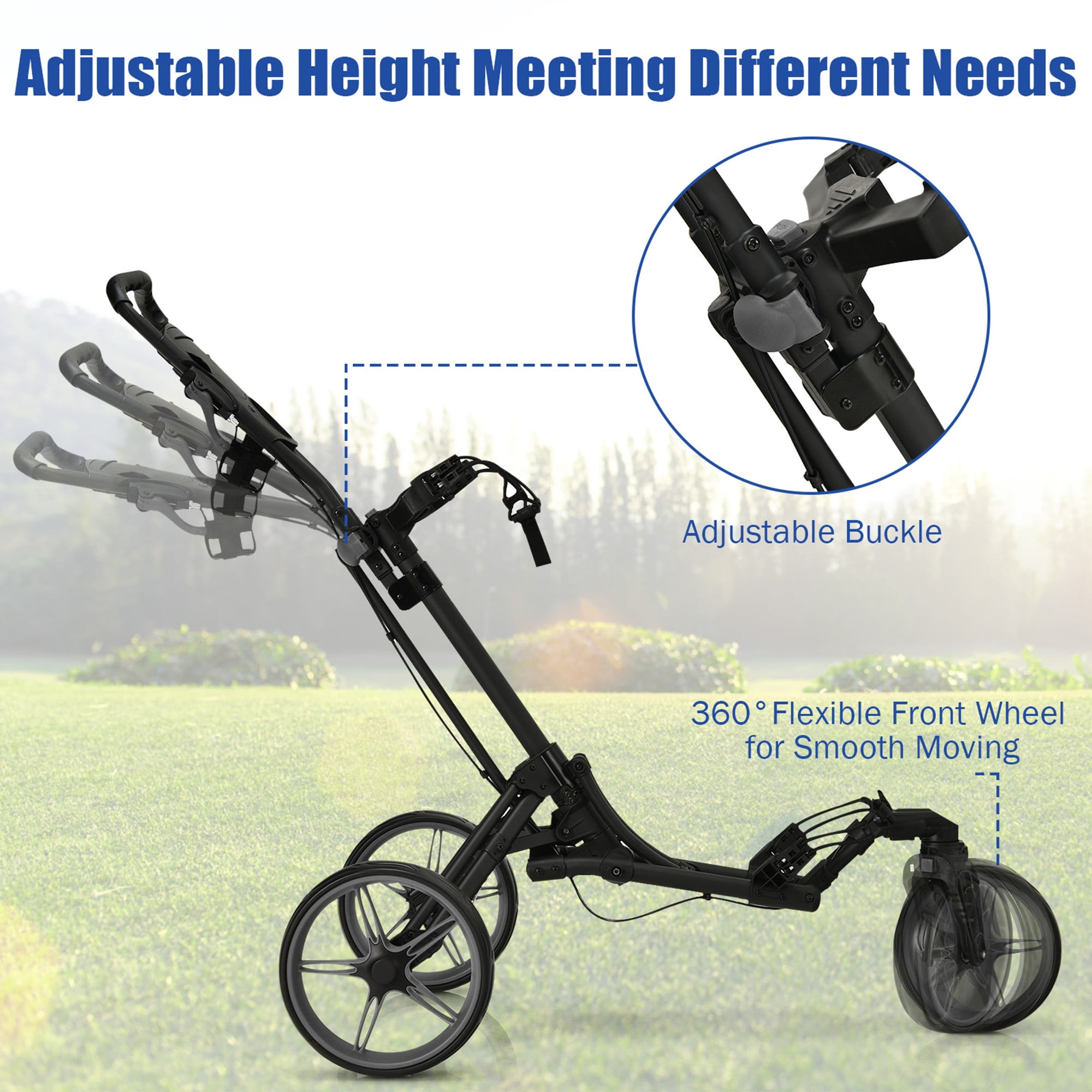 Gymax Foldable 3-Wheel Golf Push and Pull Cart Trolley with Adjust Handle Brake, Gray