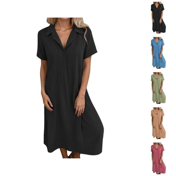 Tshirt Dress Women Summer Short Sleeve V Neck Lapel Loose Fit Casual Midi Dresses T Shirt Dresses for Women