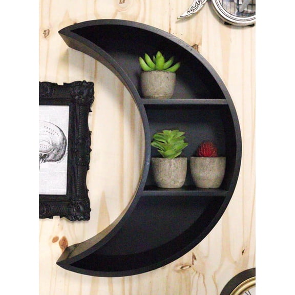 Light Duty Black Sacred Waxing Crescent Moon Wall Hanging 2 Tier MDF Wood Shelf