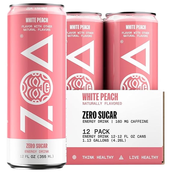 Zero Sugar Energy Drinks, White Peach - Sugar Free with Electrolytes, Healthy Vitamin C, Amino Acids, Essential B-Vitamins, and Caffeine from Green Tea - 12 Fl Oz (12-Pack)