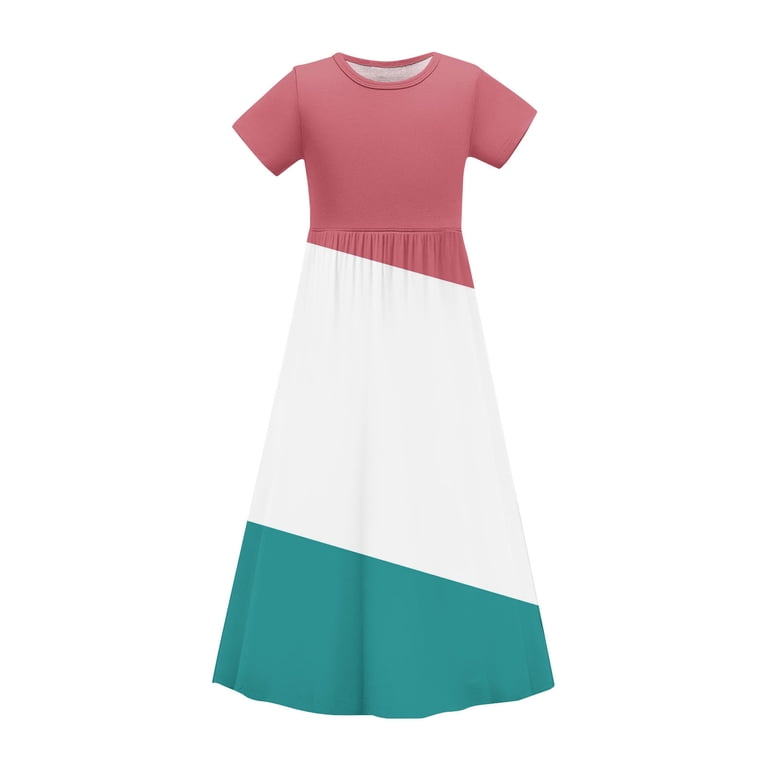 Ashirexll Summer Dresses for Teens, Girls Dresses Size 10-12, Girls Summer Dress with Pockets Fashion Color Matching Short Sleeve Round Neck Long