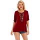 thumbnail image 1 of Blusa informal de manga corta con borlas y bordado bohemio mexicano de verano para mujerBorgoñaXX-Large, 1 of 5