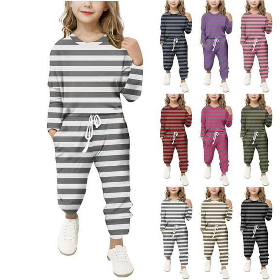 QNANSPI Girls Activewear Outfit Sets,Jogger Set for Kids,Children's Stripe Long Sleeve Set Long Pants Two-piece Set Girl