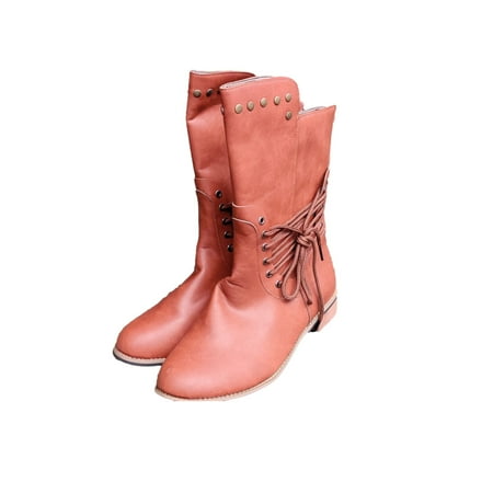 

symoid Womens Boots- Shoes Laceing Low Heel Rivets Zipper Fashion Shoes Mid Leather Boots Brown 41
