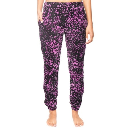 Leopard Heart Pants - Women's Microfleece Jogger Lounge Pant - Leopard Black/Purple - Large
